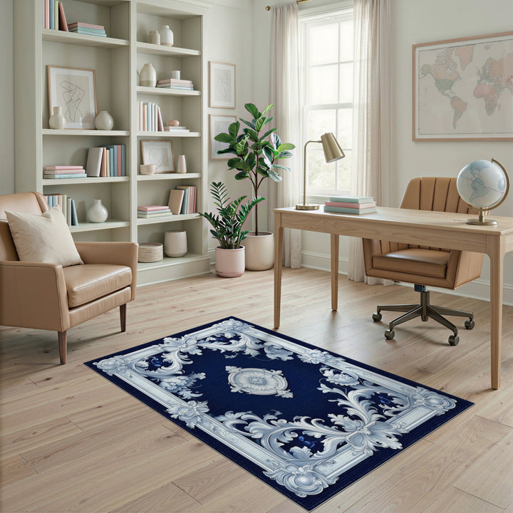 Navy Blue Floral Scrollwork Vintage Rug