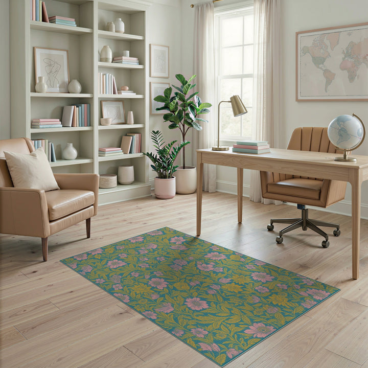 Teal Vintage Floral Washable Area Rug