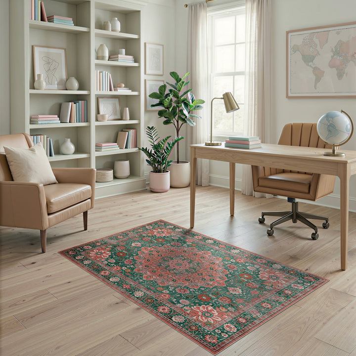 Green Floral Vintage Area Rug