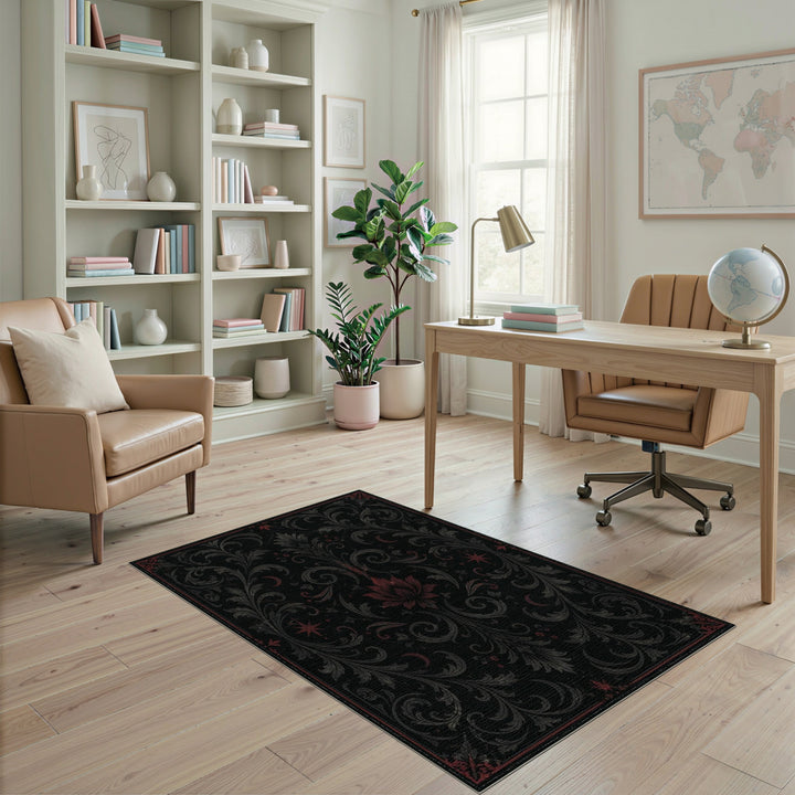 Black Floral Scroll Area Rug