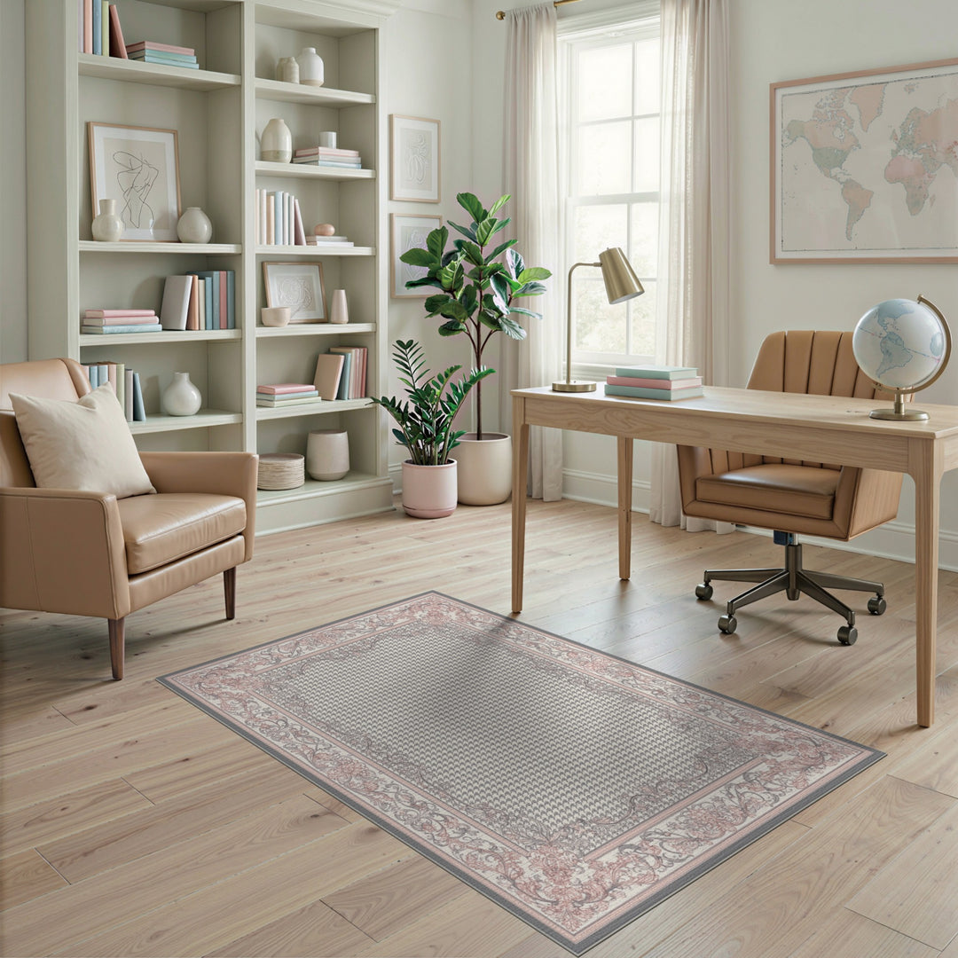 Pink Grey Floral Vintage Houndstooth Rug