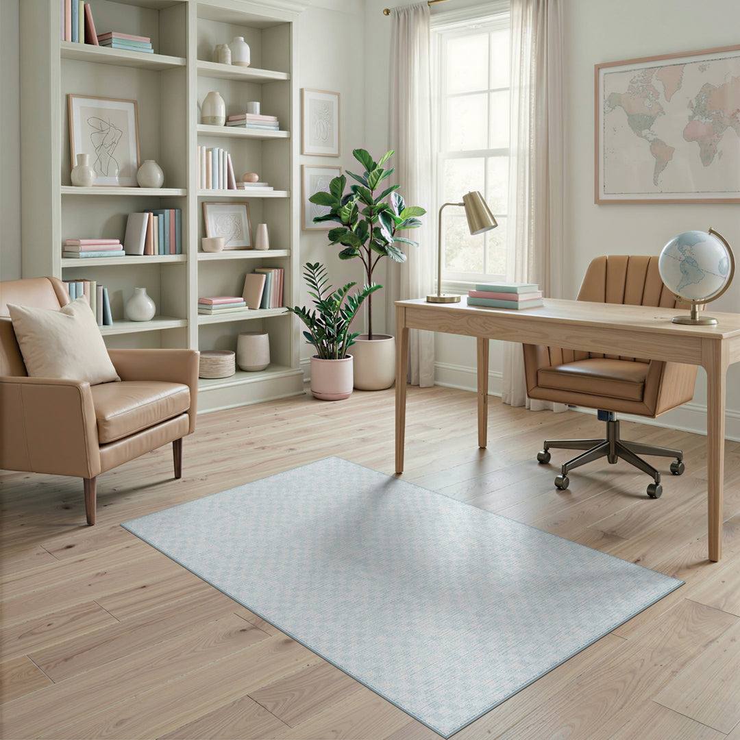 Light Blue Checkered Washable Area Rug
