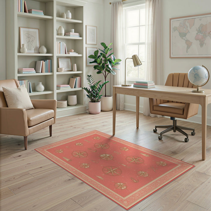 Red Nautical Compass Coastal Beach Area Rug