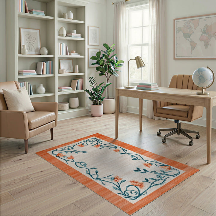 Beige Floral Vine Area Rug with Teal Border