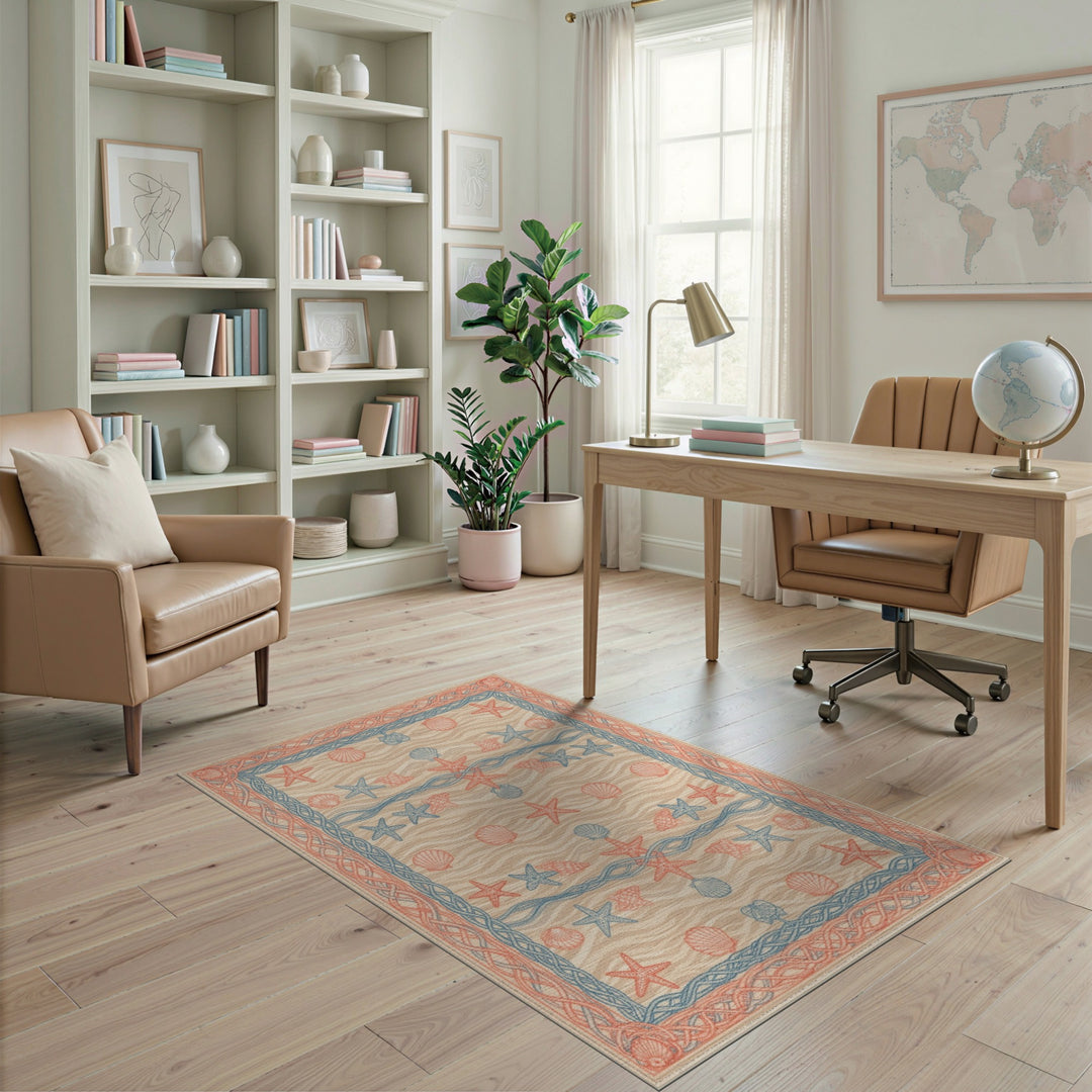 Coastal Beach Blue and Teal Coastal Starfish Seashell Area Rug