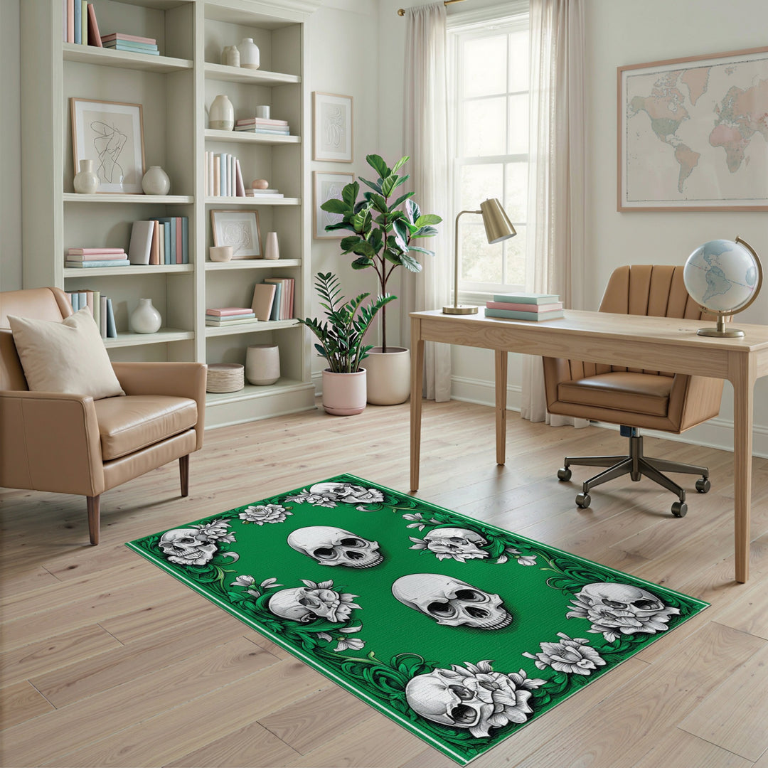 Green Skull Floral Area Rug