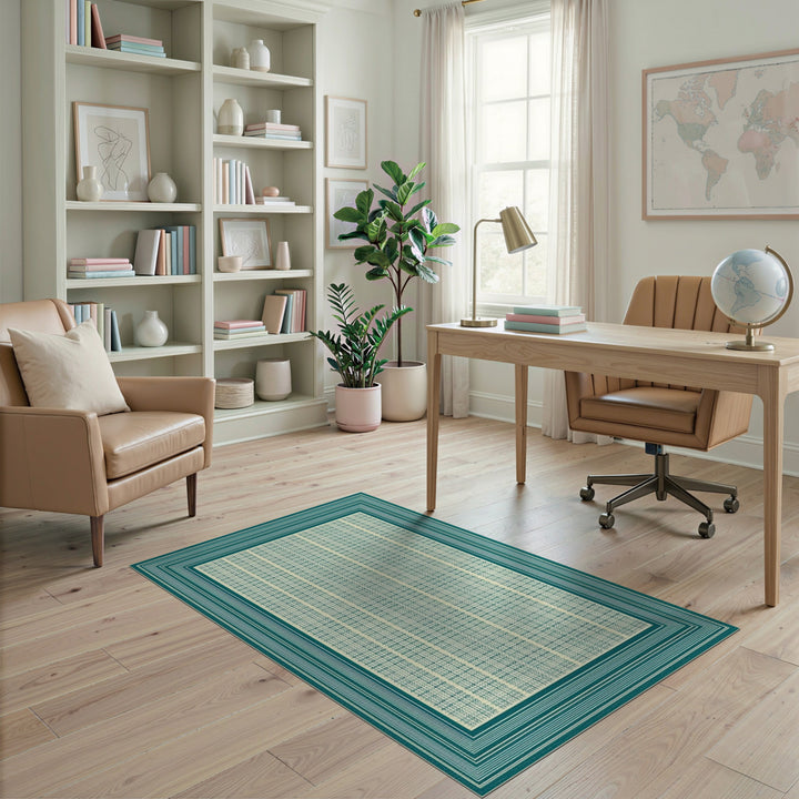 Blue and Teal Geometric Bordered Area Rug