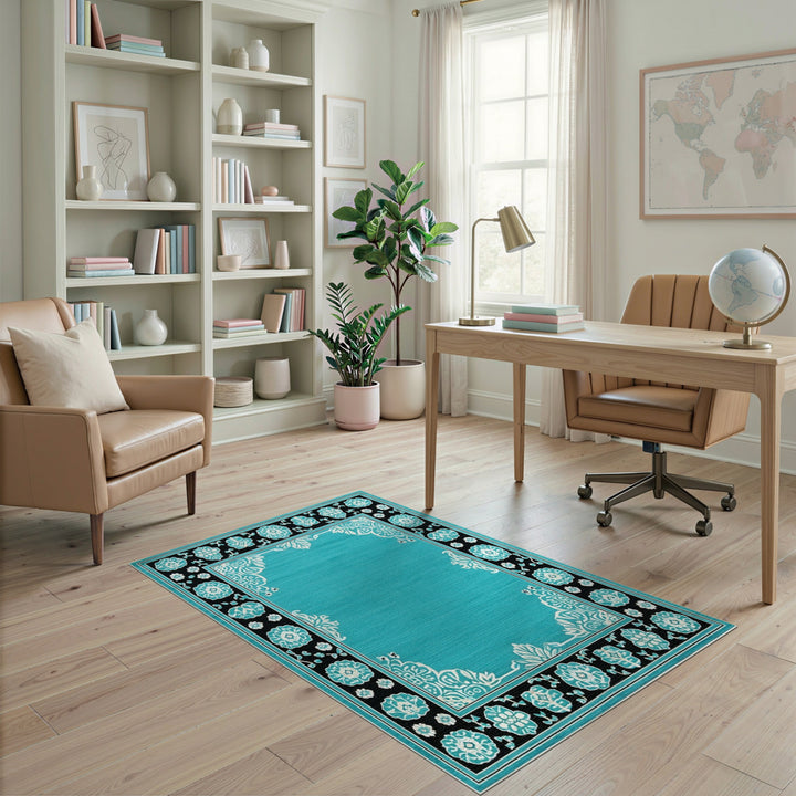 Teal Floral Vintage Area Rug with Black Border