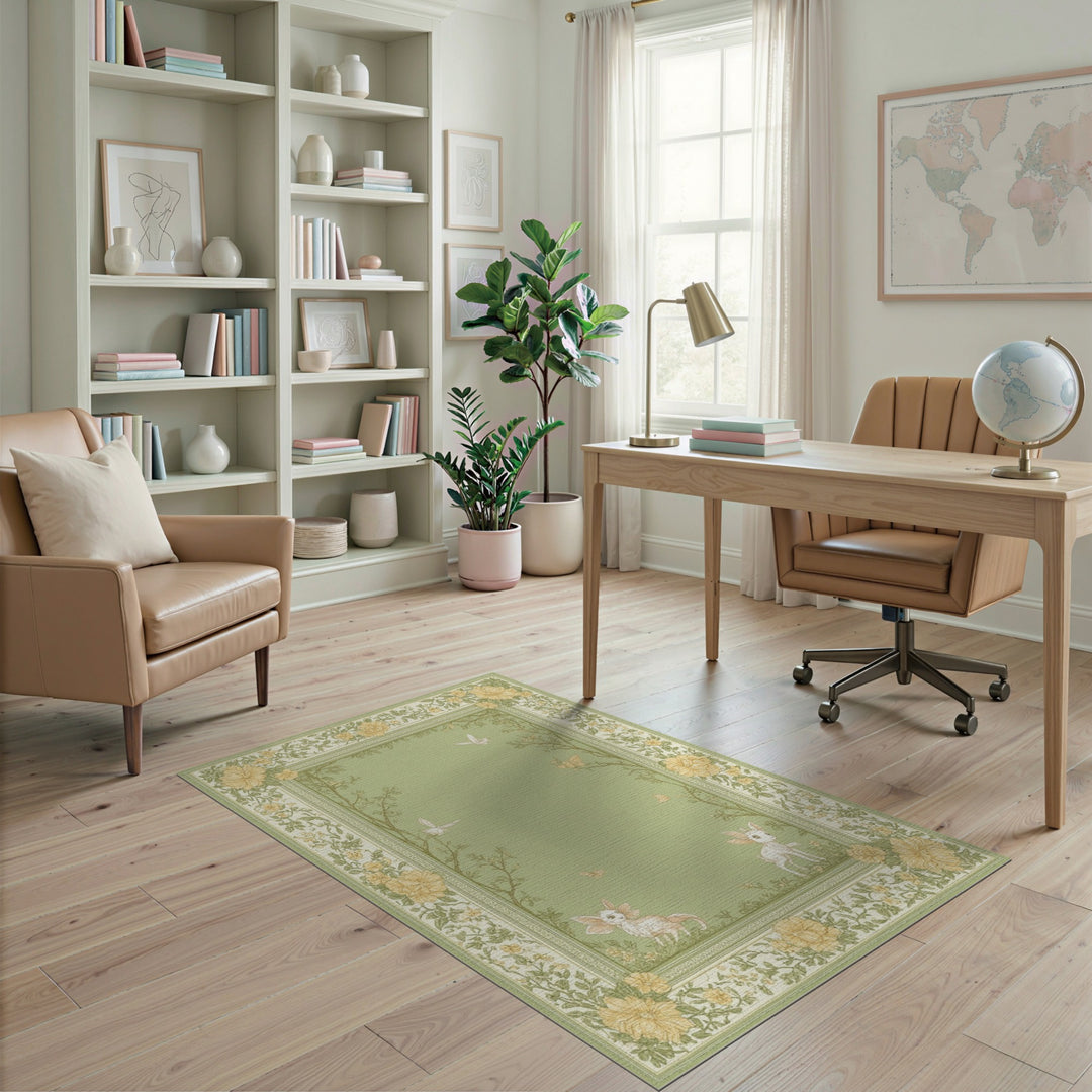 Green Floral Vintage Fawn Area Rug