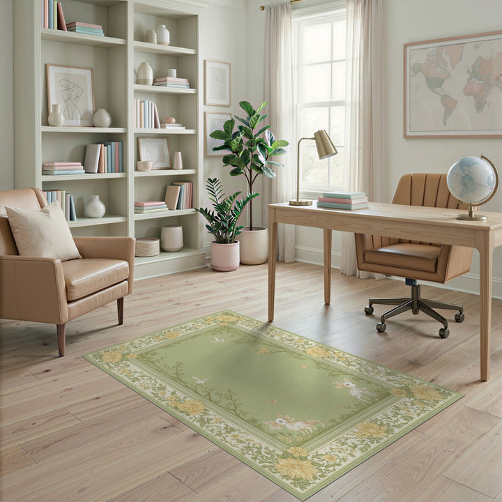 Green Floral Vintage Fawn Area Rug