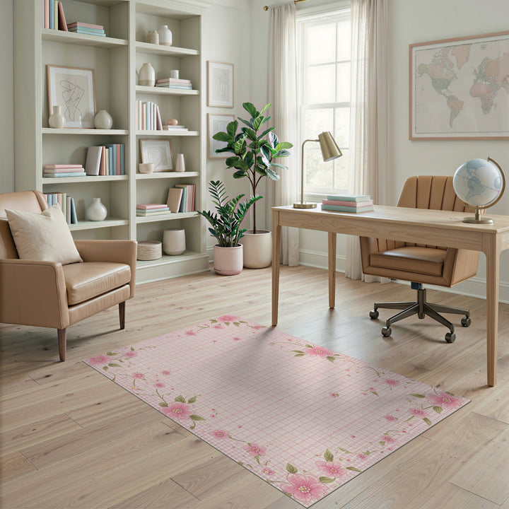 Pink Gingham Floral Washable Area Rug
