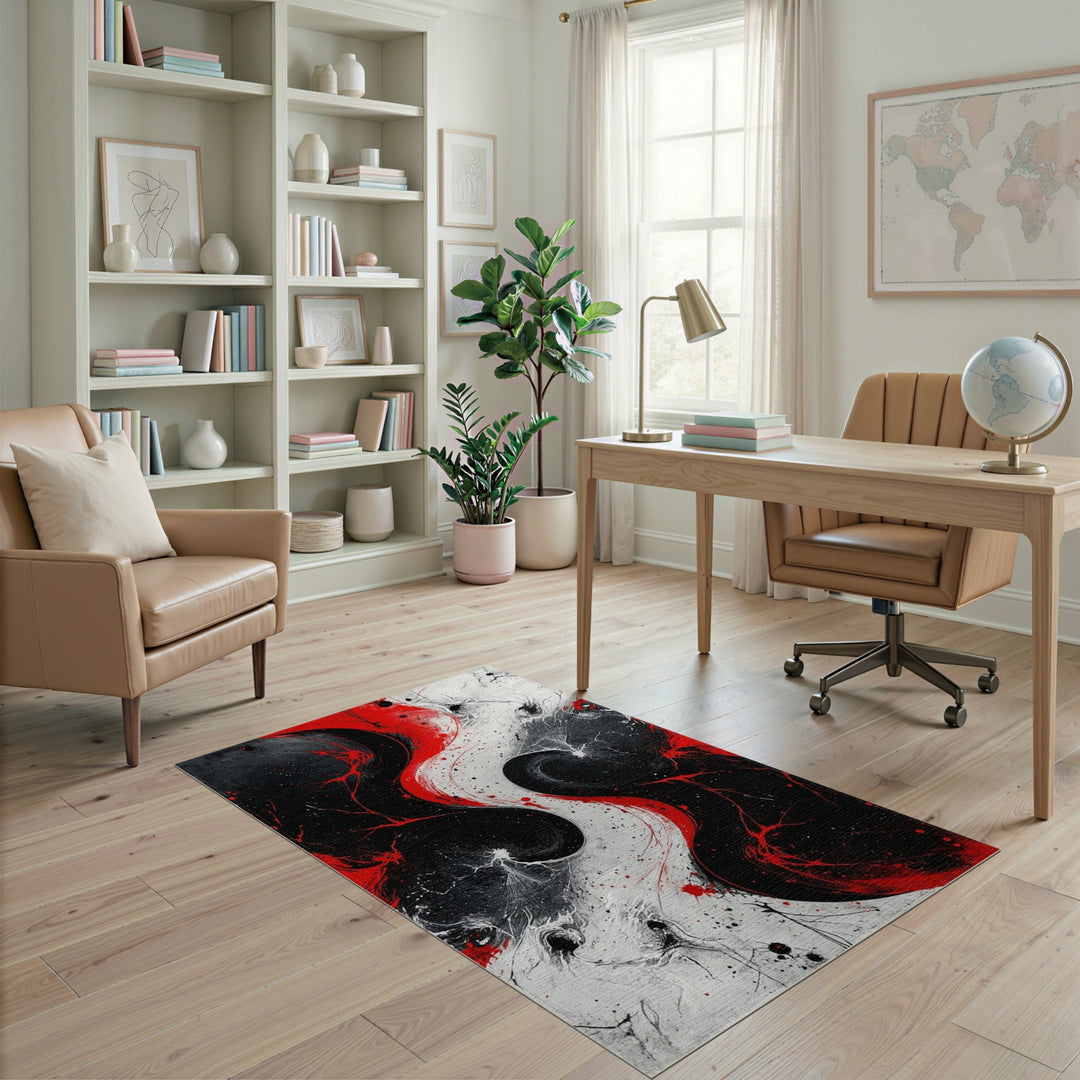 Bold Red Black Swirl Abstract Area Rug