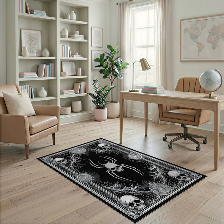 Skull Spider Black White Washable Area Rug
