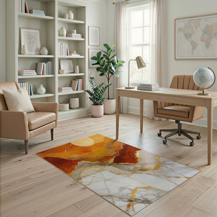 Abstract Orange Marble Gold Area Rug