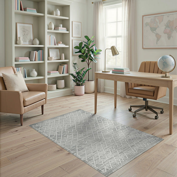 Grey Geometric Lattice Washable Area Rug