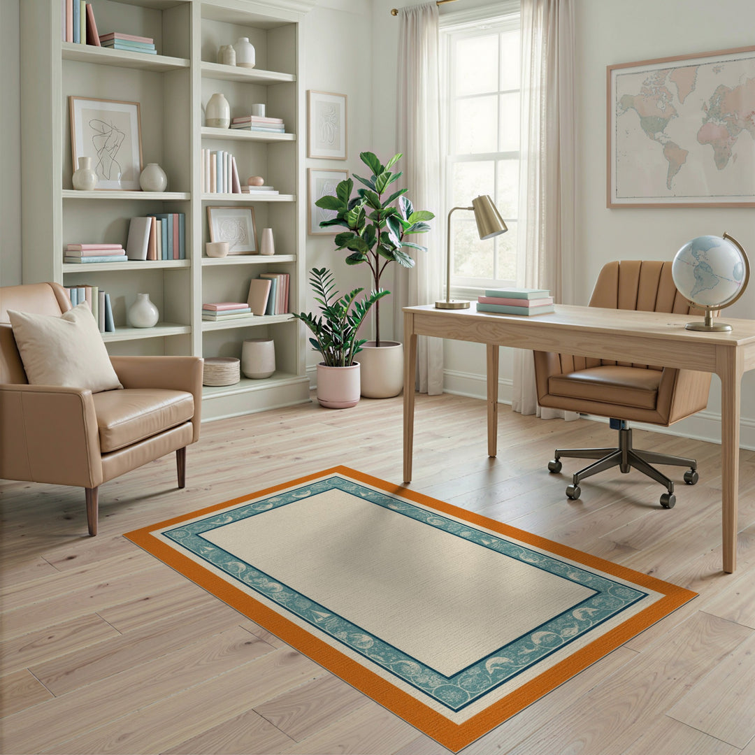 Coastal Teal Sailboat Border Area Rug