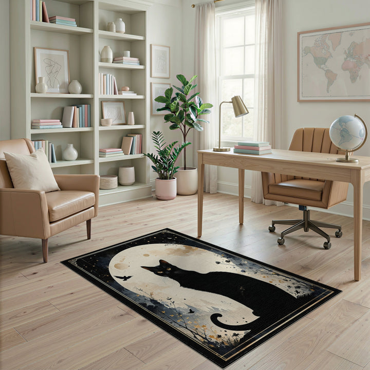 Distressed Vintage Black Cat Moon Silhouette Area Rug