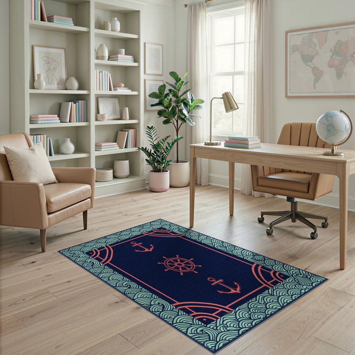 Blue Teal Nautical Anchor Ship Wheel Area Rug