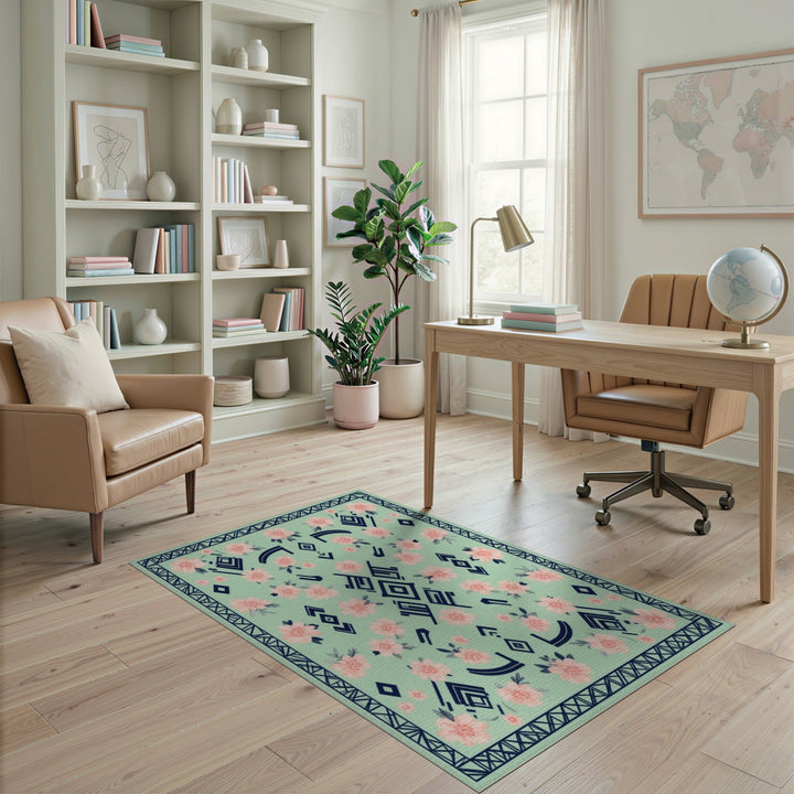 Mint Green Floral Geometric Area Rug