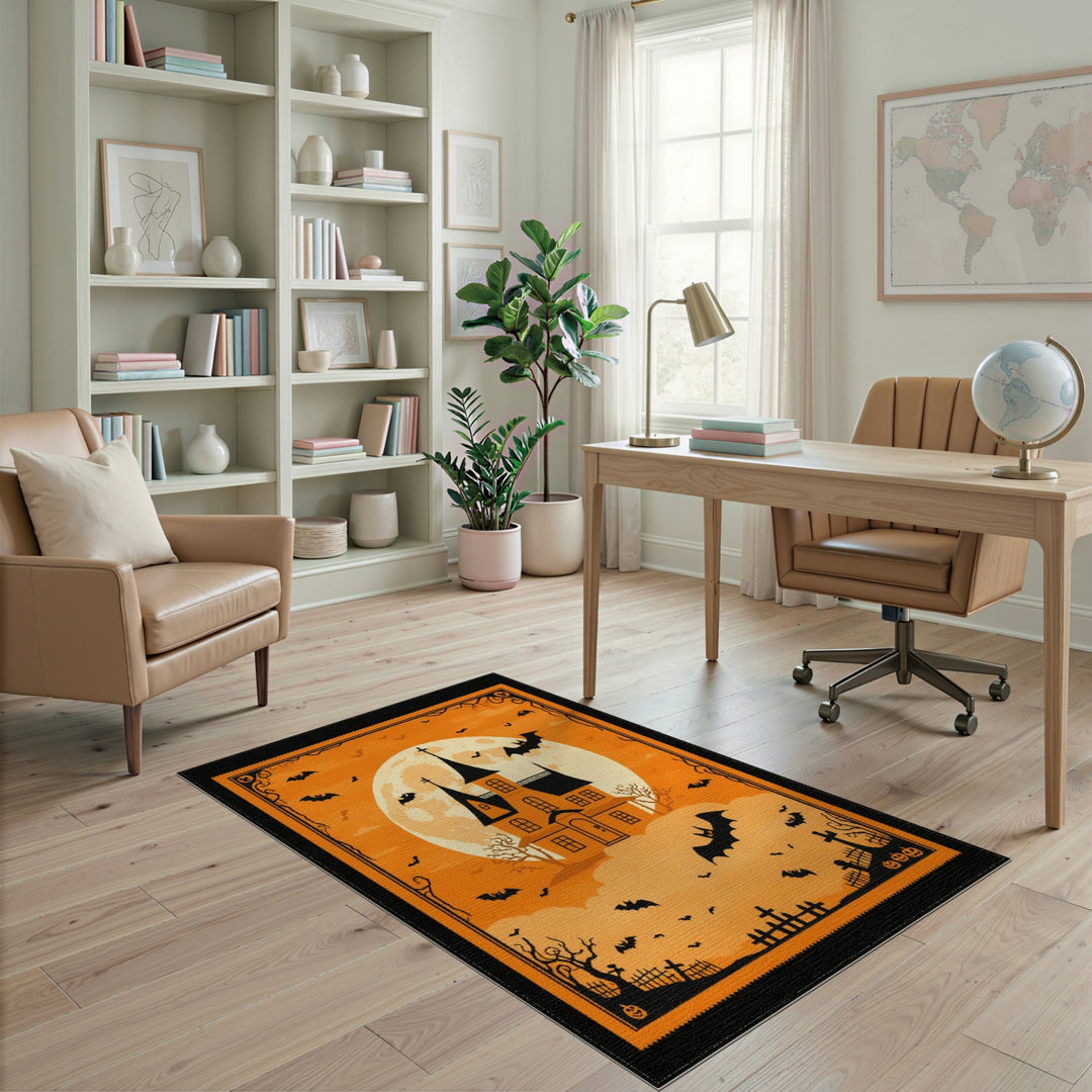 Kids Cartoon Orange Haunted House Halloween Area Rug