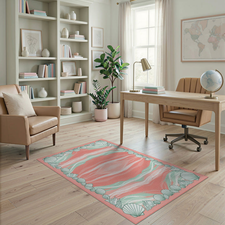 Pink Seashell Border Coastal Area Rug