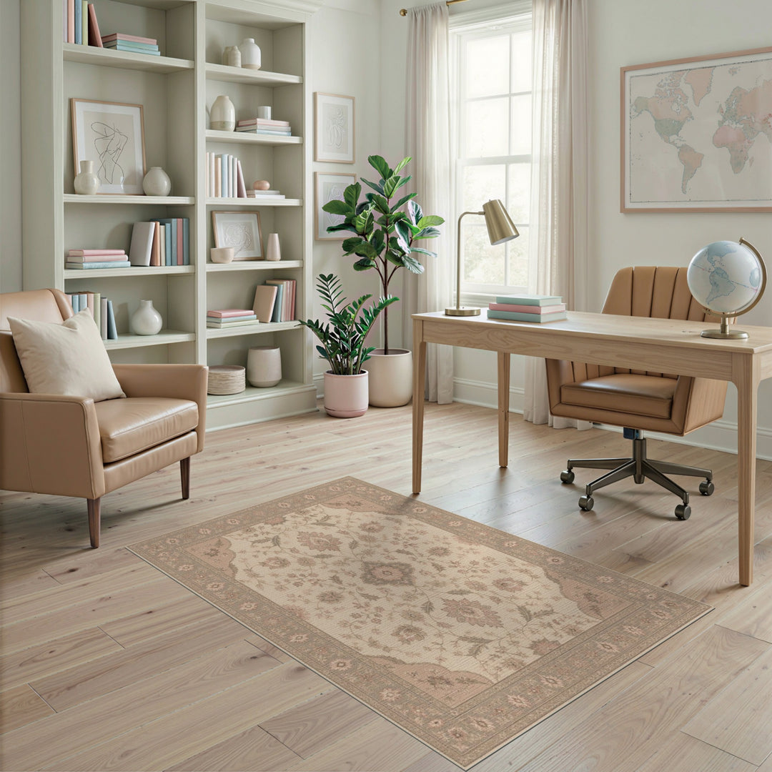 Beige Floral Medallion Vintage Rug