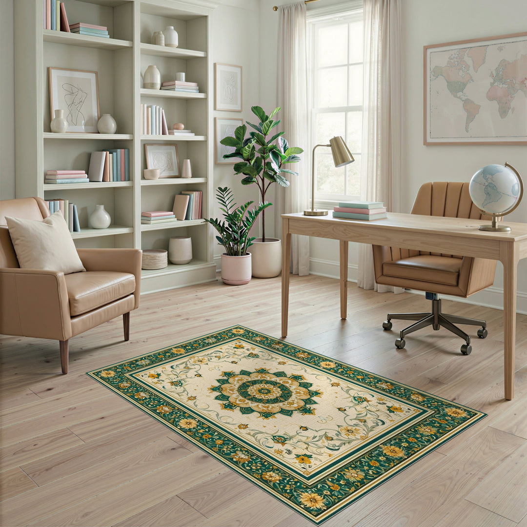 Blue and Teal Gold Floral Persian Medallion Rug