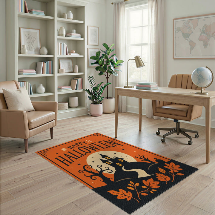 Orange Happy Halloween Haunted House Area Rug