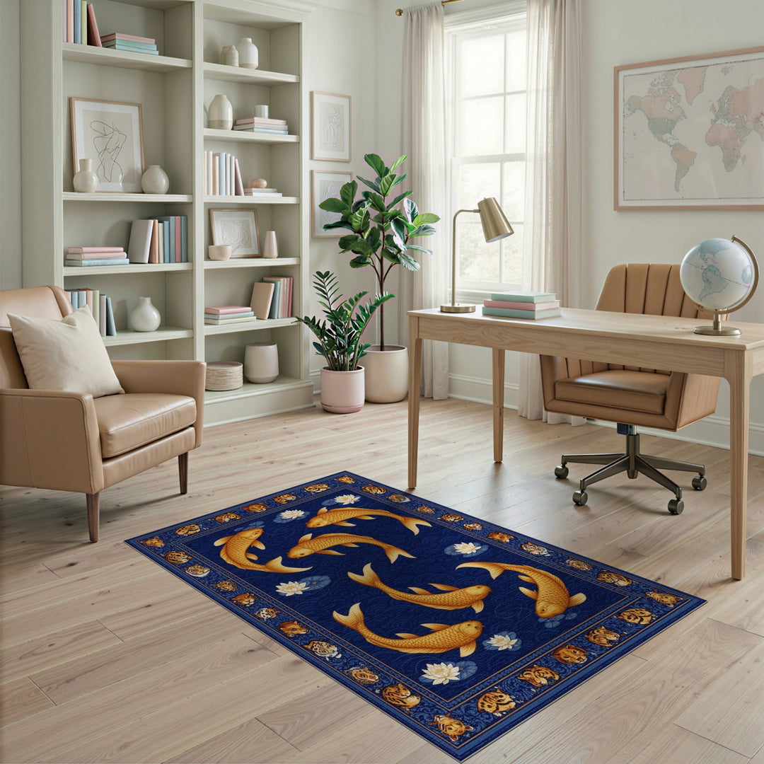 Blue Koi Fish Tiger Border Area Rug