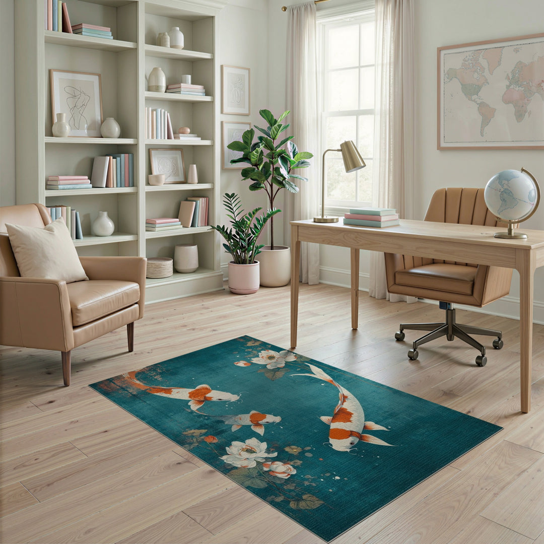 Distressed Vintage Koi Lotus Teal Area Rug