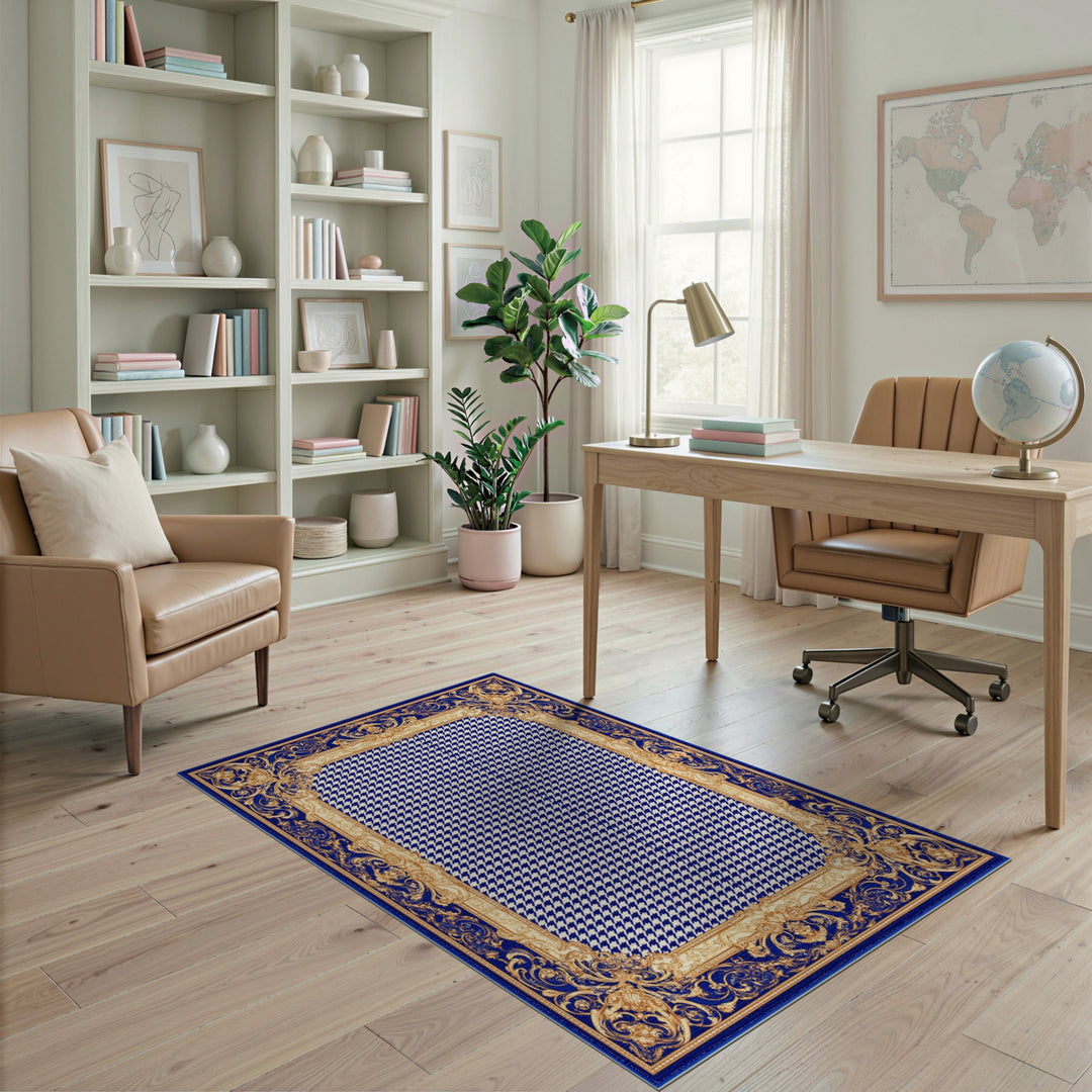 Blue Houndstooth Gold Border Area Rug