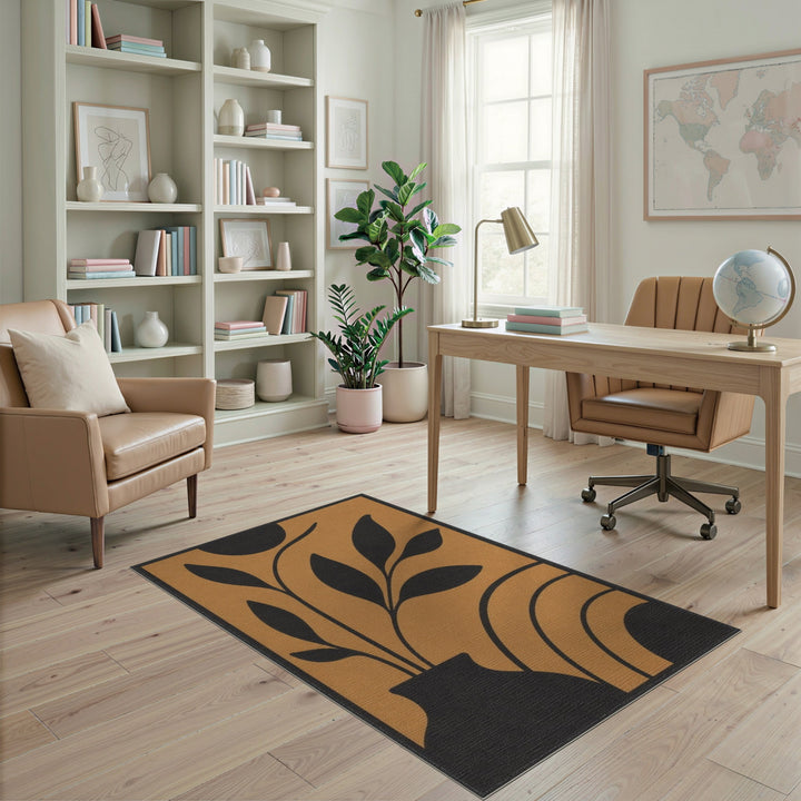 Abstract Botanical Vase Area Rug in Brown Tan