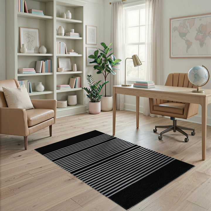 Black and Grey Striped Geometric Area Rug