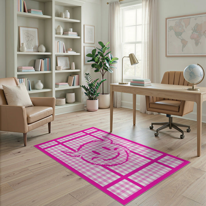 Pink Devil Smiley Checkered Kids Area Rug