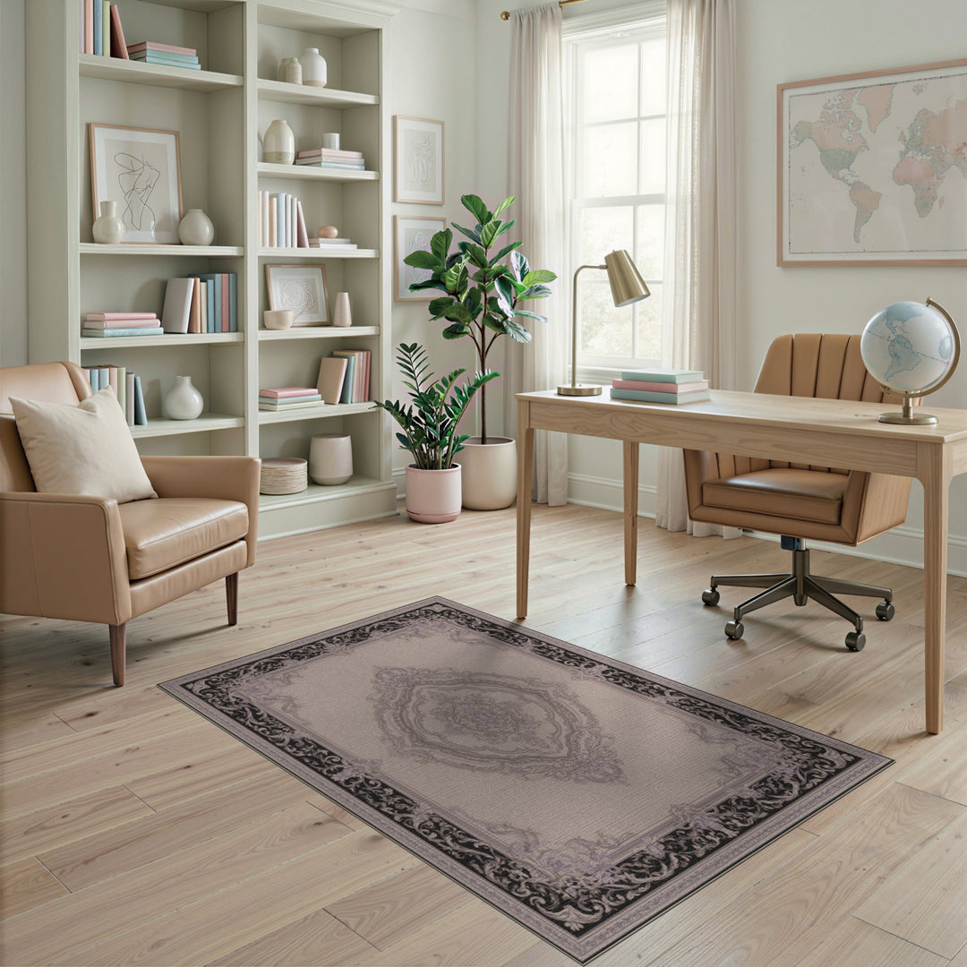 Ornate Floral Medallion Black Border Area Rug