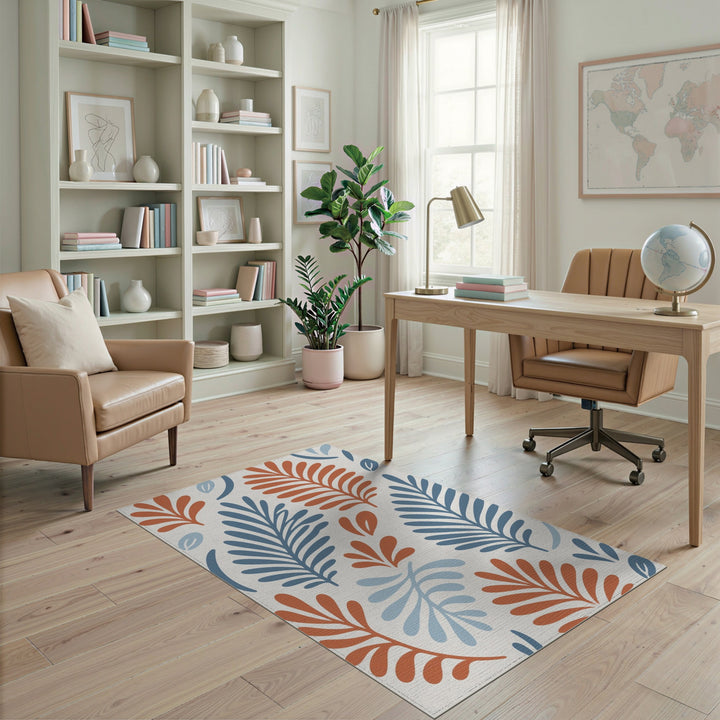 Blue and Orange Abstract Leaf Area Rug