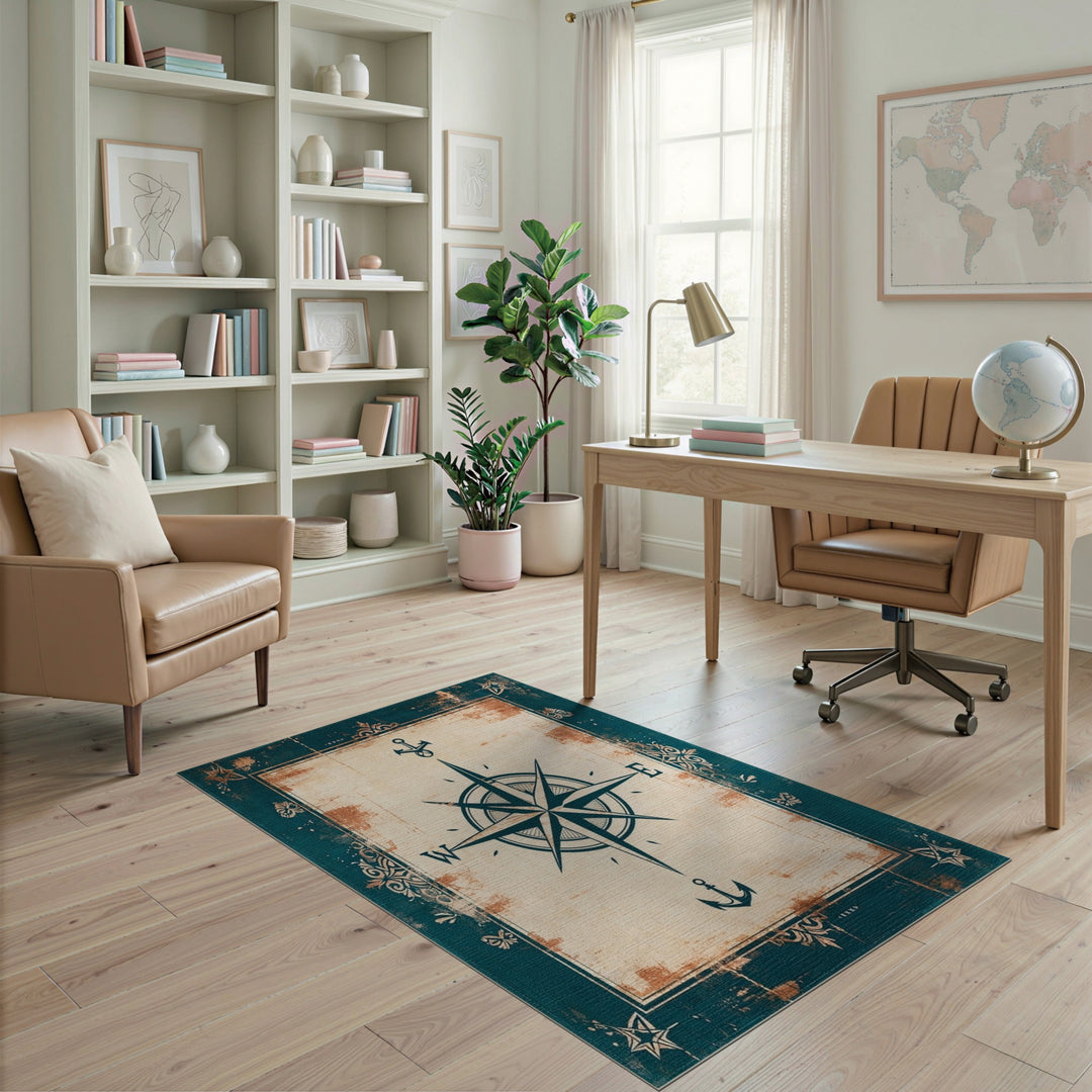 Nautical Compass Distressed Vintage Area Rug