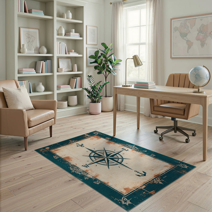 Nautical Compass Distressed Vintage Area Rug