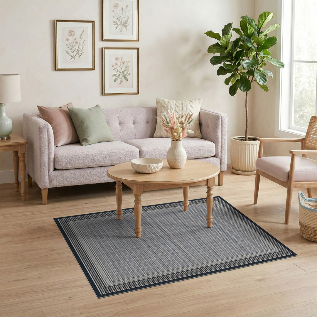 Black White Plaid Houndstooth Border Rug