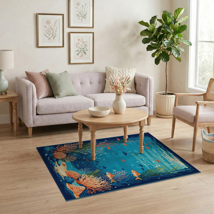 Underwater Coral Fish Blue Teal Area Rug