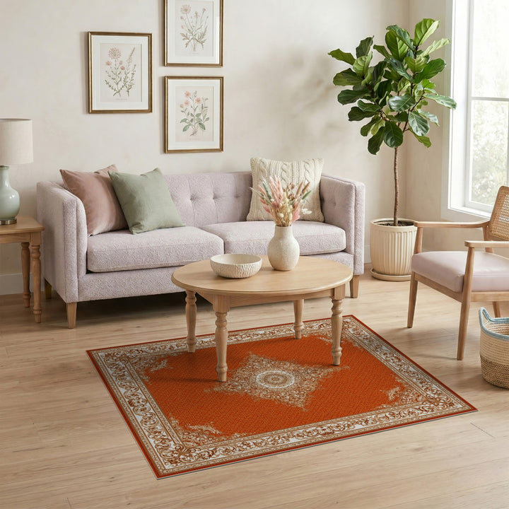 Red Traditional Persian Area Rug with Ivory Medallion