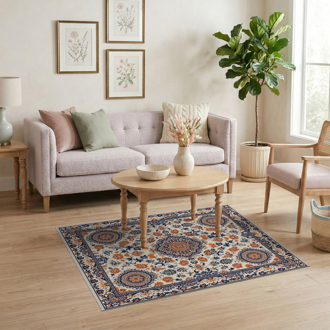 Navy Orange Floral Persian Area Rug