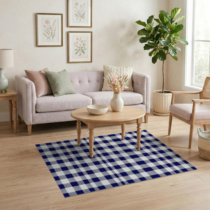 Navy Blue Checkered Washable Blue and Teal Area Rug