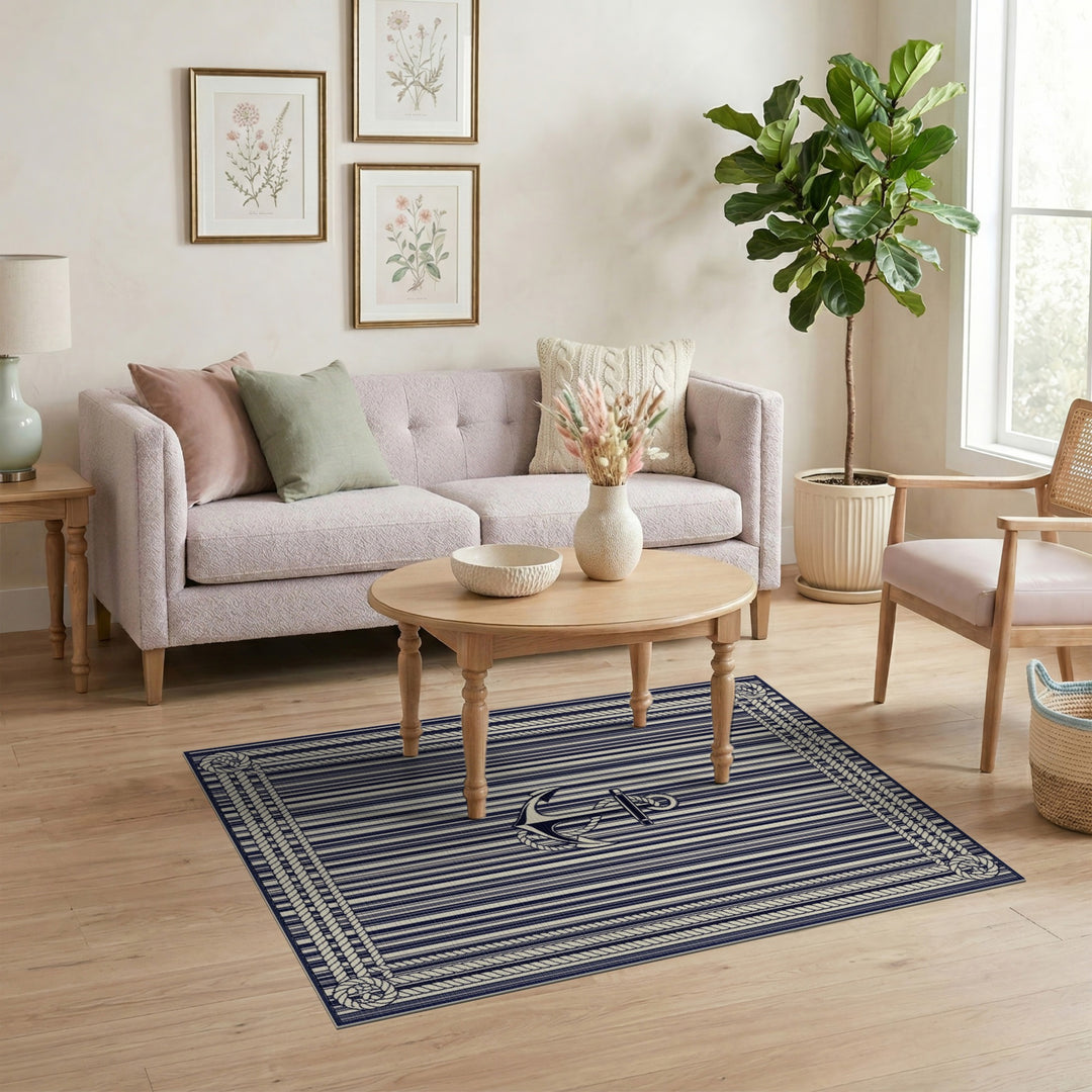 Navy Striped Anchor Rope Border Area Rug