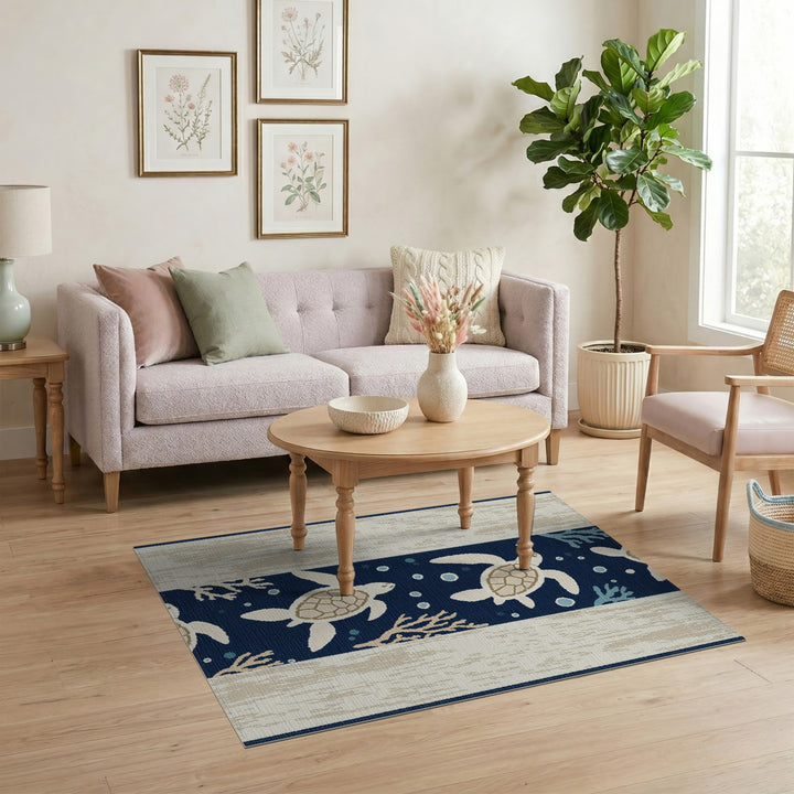 Coastal Beach Coastal Sea Turtle Navy Area Rug
