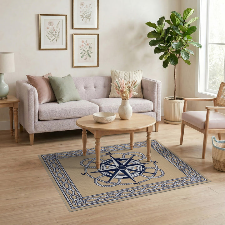 Beige Nautical Compass Area Rug