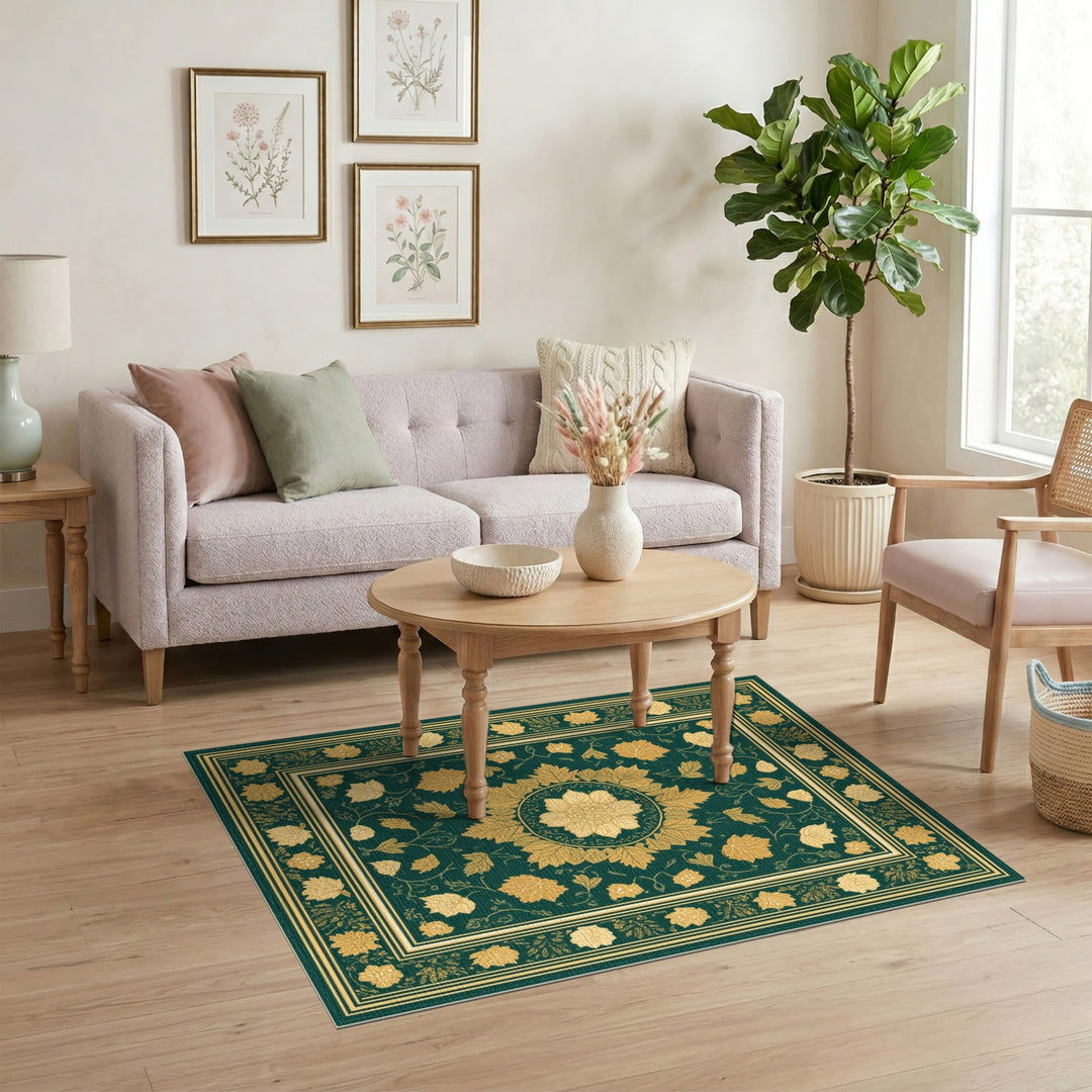 Green Floral Vintage Area Rug with Gold Medallion