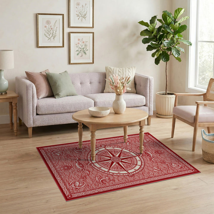 Red Nautical Compass Area Rug