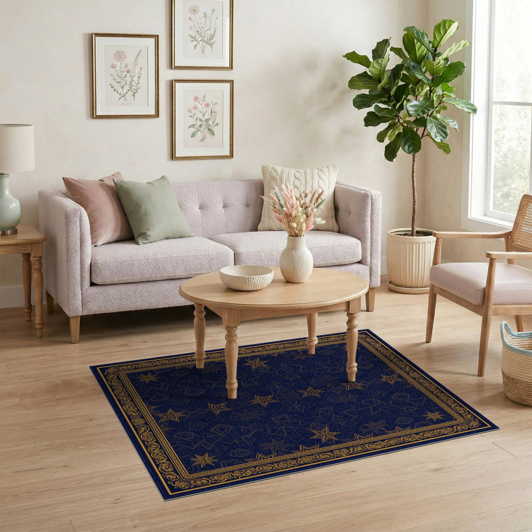 Navy Blue Gold Star Geometric Area Rug