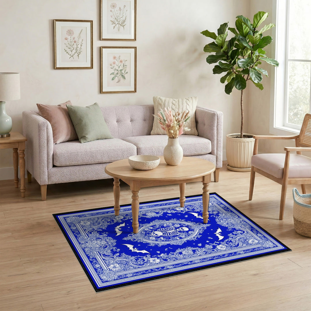 Blue Gothic Floral Skeleton Area Rug